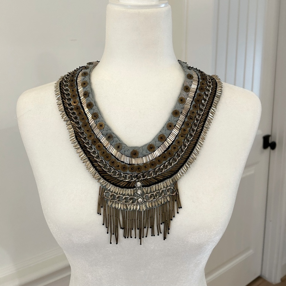 Mignonne Gavigan beaded necklace scarf in teal/ light blue and beading